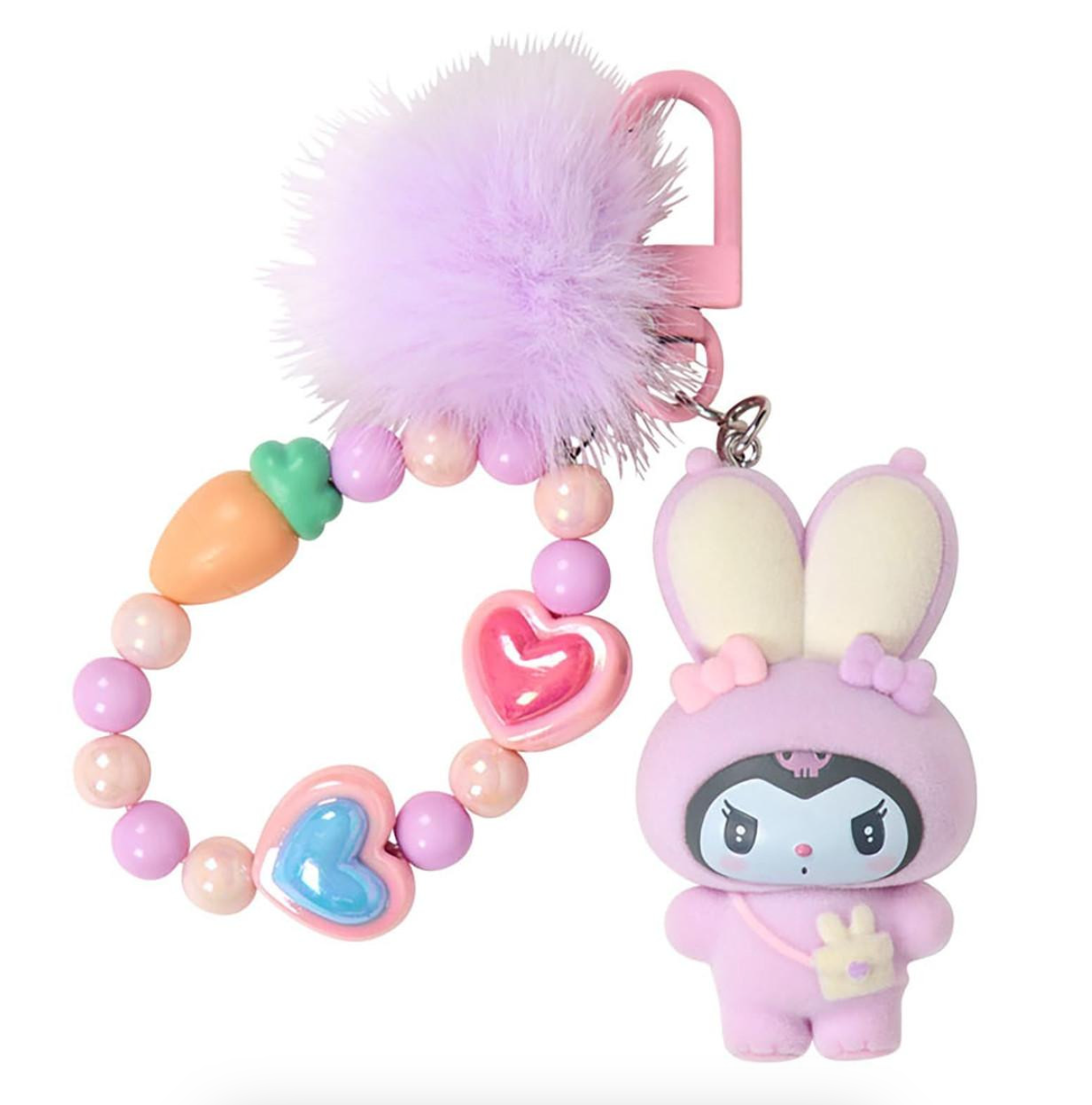 SANRIO ORIGINAL KUROMI BEAD KEYCHAIN STRAP WITH FLOCKED MASCOT PUFFY EAR RABBIT CLUB