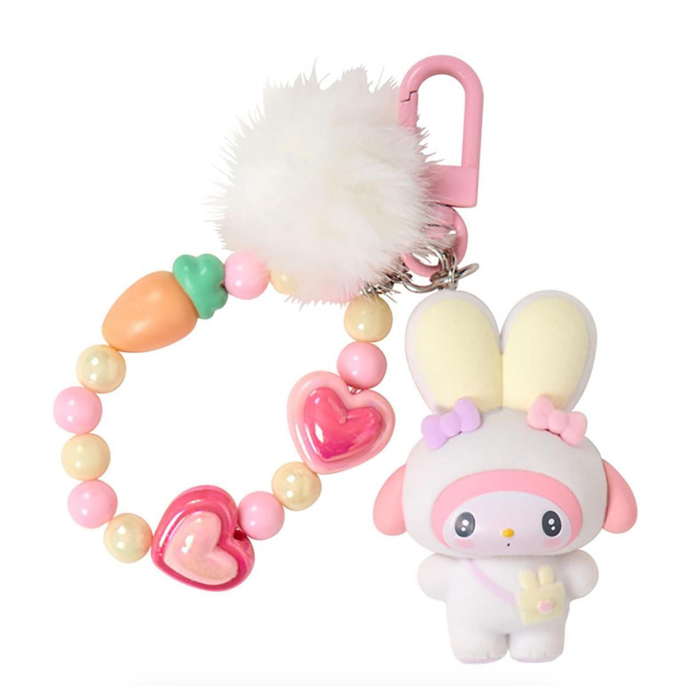 SANRIO ORIGINAL MY MELODY BEAD KEYCHAIN STRAP WITH FLOCKED MASCOT PUFFY EAR RABBIT CLUB
