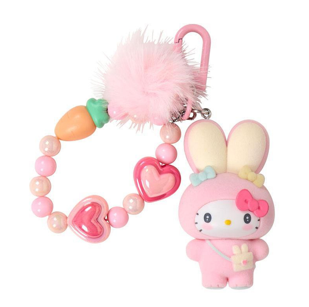 SANRIO ORIGINAL HELLO KITTY BEAD KEYCHAIN STRAP WITH FLOCKED MASCOT PUFFY EAR RABBIT CLUB