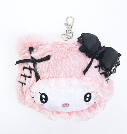 SANRIO ORIGINAL HELLO KITTY FACE REEL PASS CASE FLUFFY CAPE PINK