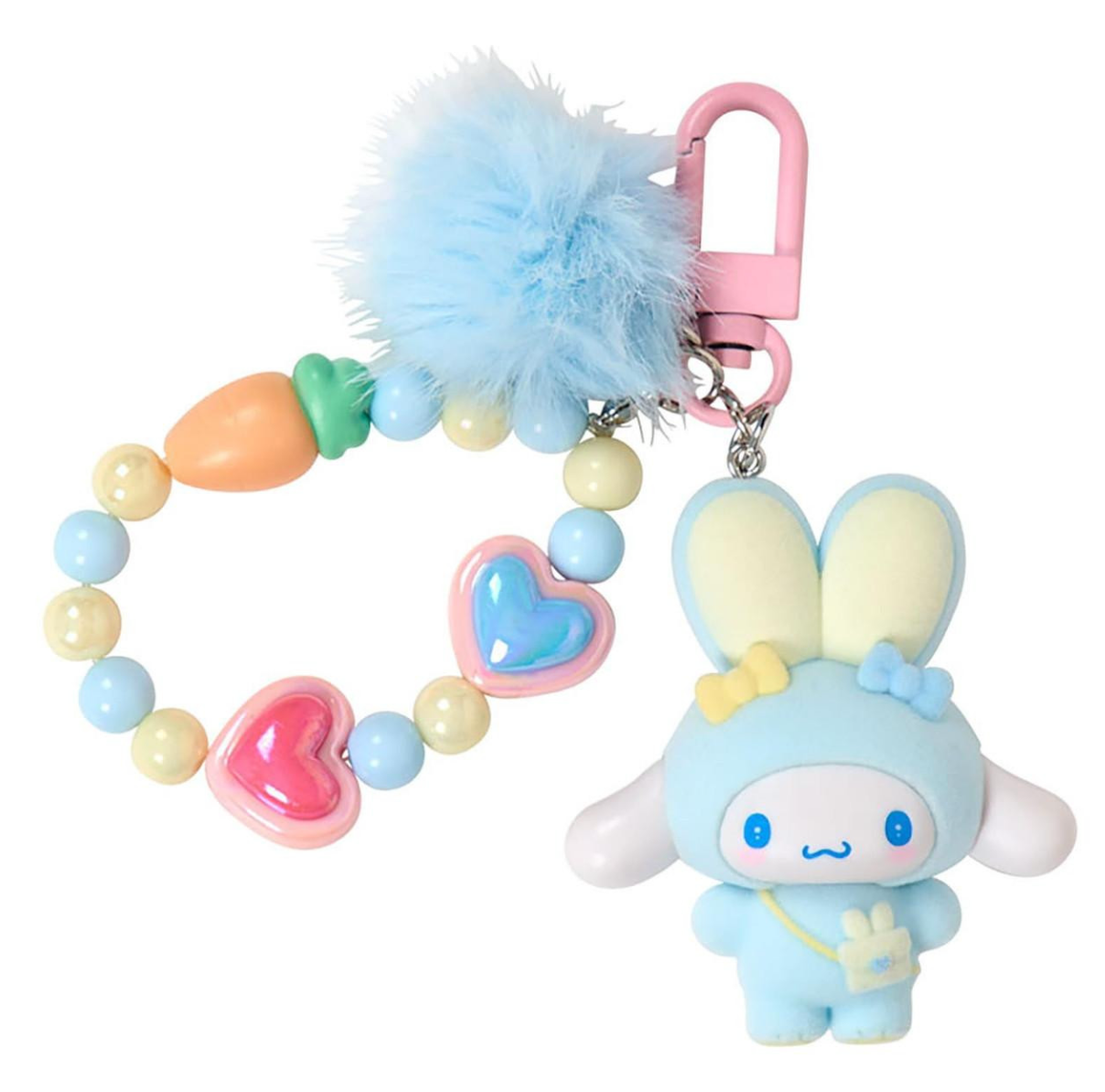 SANRIO ORIGINAL CINNAMOROLL BEAD KEYCHAIN STRAP WITH FLOCKED MASCOT PUFFY EAR RABBIT CLUB