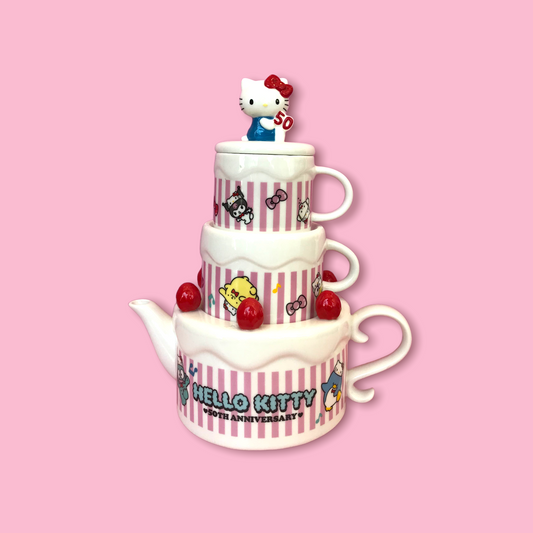 SANRIO JAPAN ORIGINAL HELLO KITTY 5OTH ANNIVERSARY TEA POT WITH TEA CUP