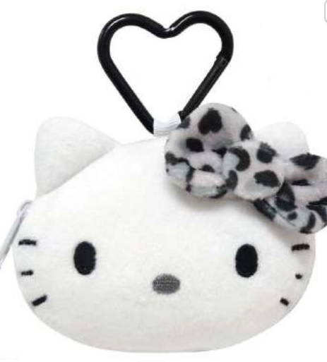 SANRIO ORIGINAL HELLO KITTY FACE-SHAPED POUCH WITH CARABINER LEOPARD GREY