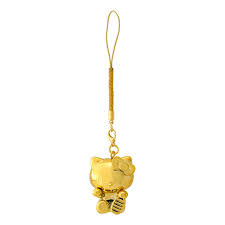 SANRIO ORIGINAL HELLO KITTY LUCKY CAT GOLD NETSUKE KEYCHAIN / CHARM