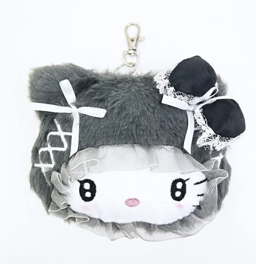 SANRIO ORIGINAL HELLO KITTY FACE REEL PASS CASE FLUFFY CAPE BLACK
