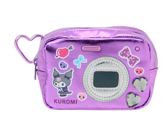 SANRIO ORIGINAL KUROMI ACADEMY SPARKLING JOURNEY CAMERA STYLE METALLIC POUCH WITH CARABINER