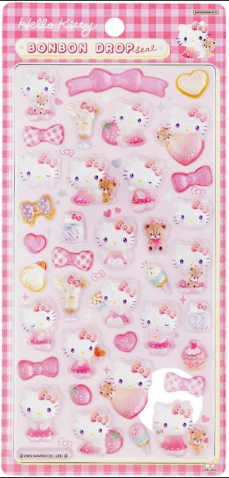 SANRIO ORIGINAL BONBON DROP HELLO KITTY AND TINY CHUM SEAL 3D STICKER GINGHAM PINK