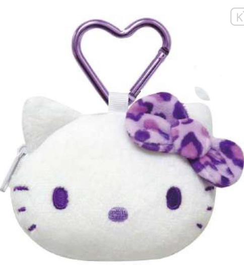 SANRIO ORIGINAL HELLO KITTY FACE-SHAPED POUCH WITH CARABINER LEOPARD PURPLE