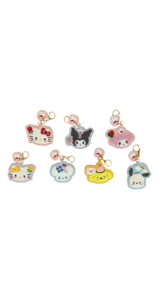 SANRIO JAPAN ORIGINAL HELLO KITTY ANNIVERSARY EMBROIDERED CHARACTERS LEATHER KEYCHAIN