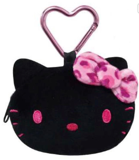 SANRIO ORIGINAL HELLO KITTY FACE-SHAPED POUCH WITH CARABINER LEOPARD BLACK PINK