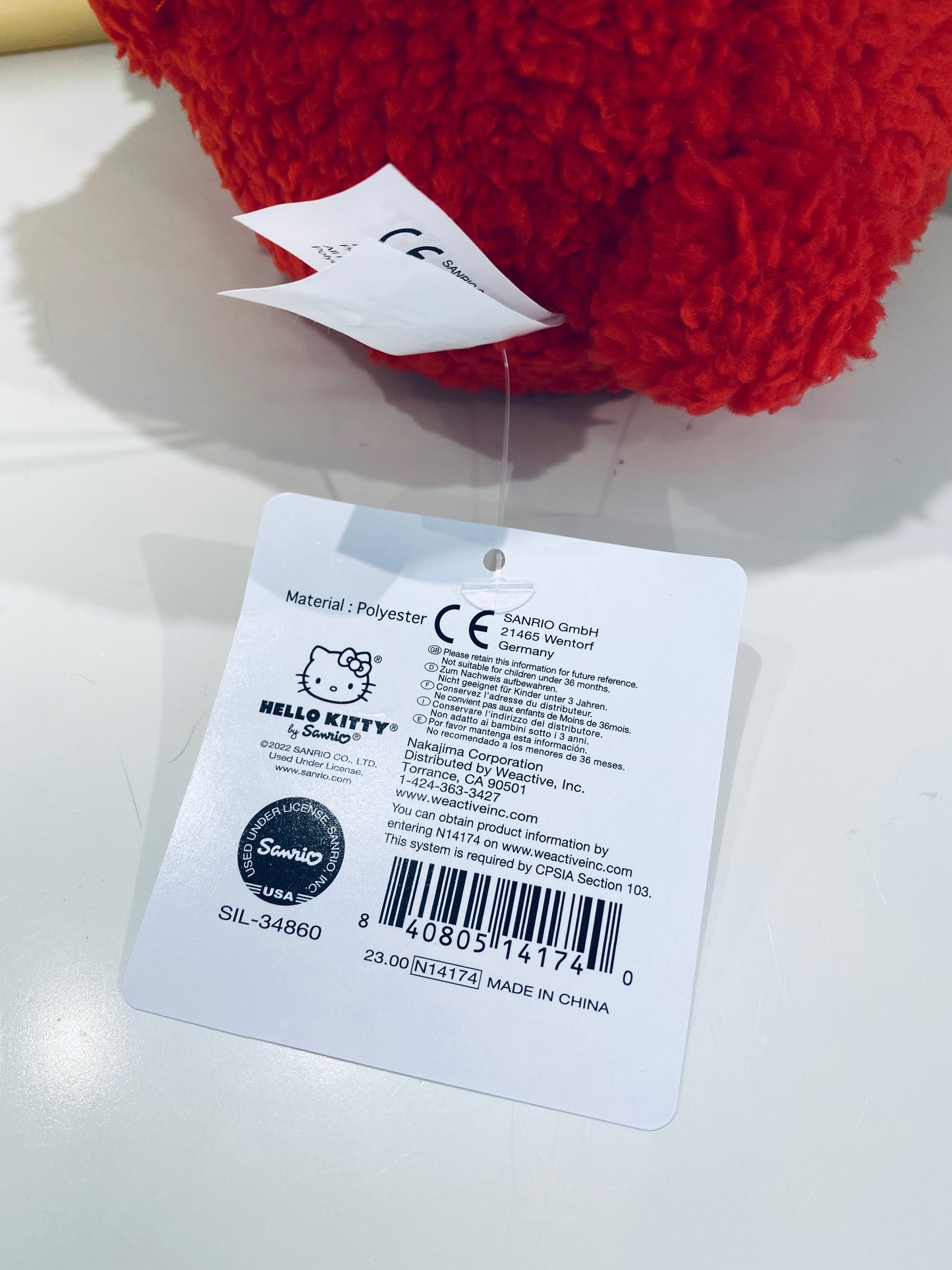 HELLO KITTY 8 IN PLUSH RED BEAR VALENTINE
